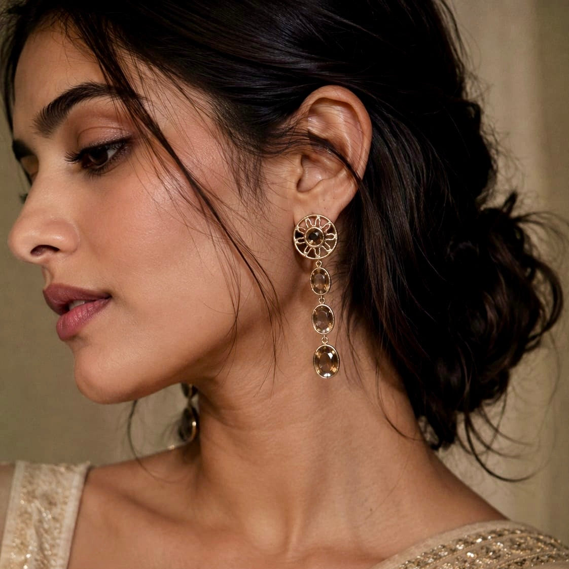 Triple Stone Smoky Quartz Drop Earrings with Sunburst Charm