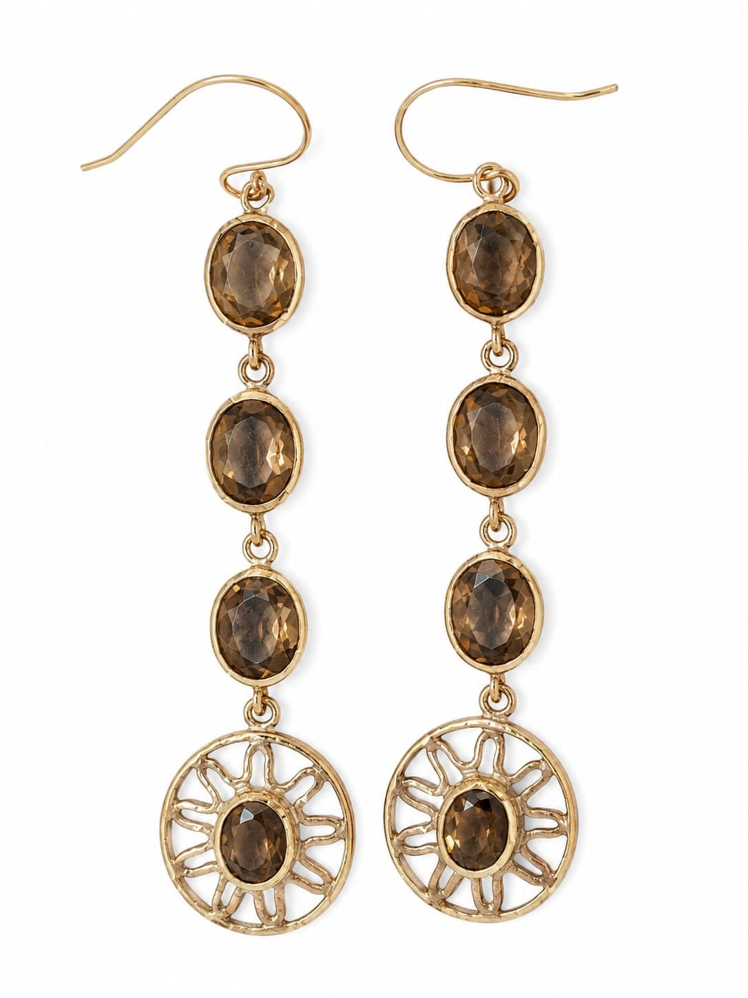 Triple Stone Smoky Quartz Drop Earrings with Sunburst Charm