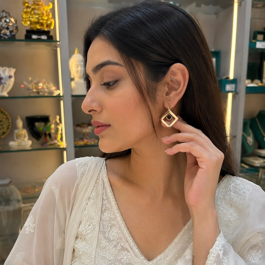Diamond Frame Black Stone Drop Earrings