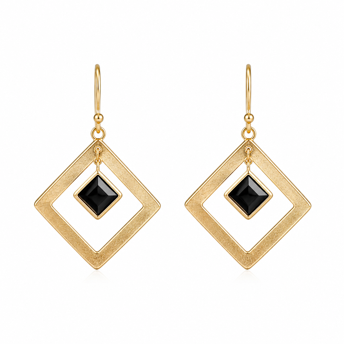 Diamond Frame Black Stone Drop Earrings