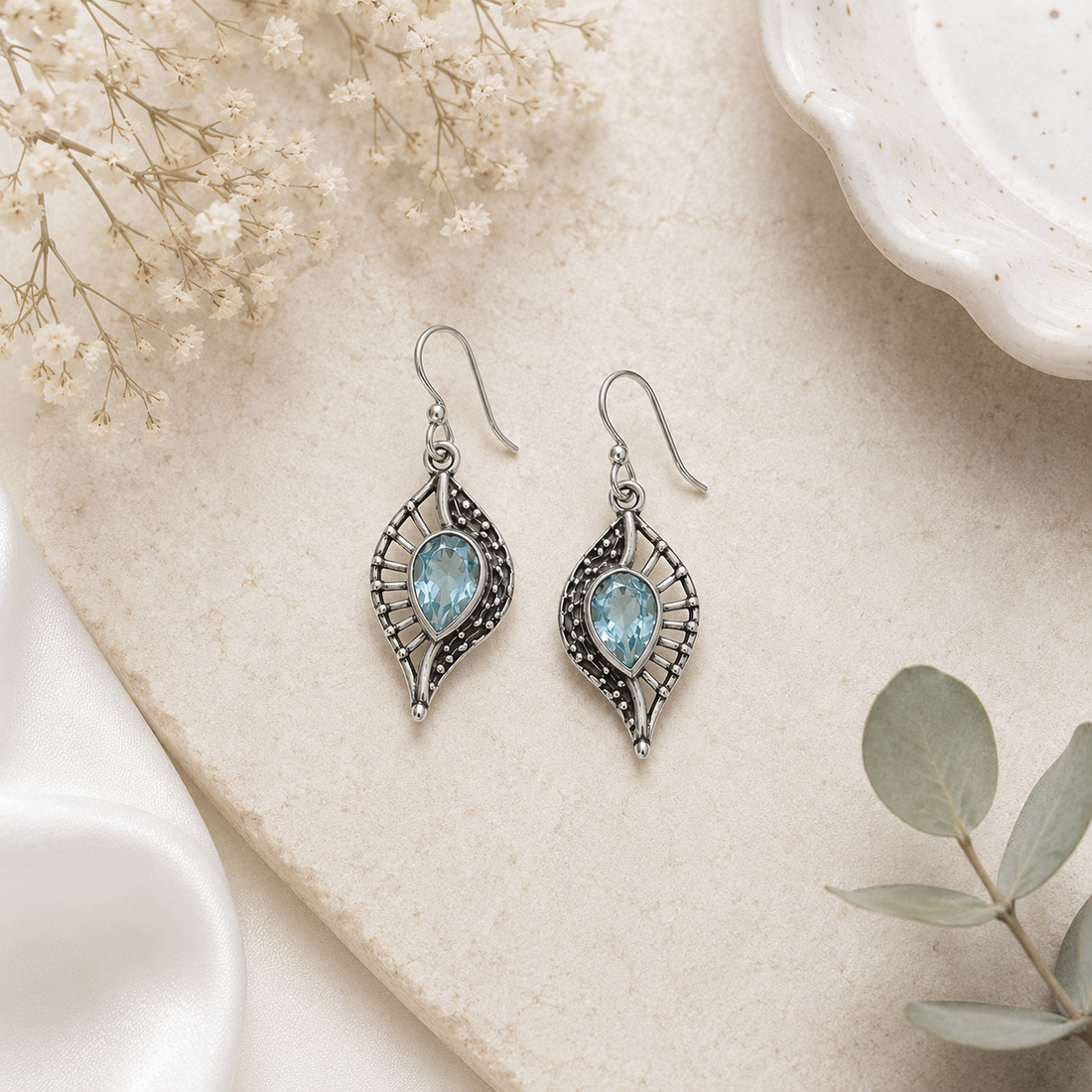 925 Silver Blue Stone Leaf Drop Earrings for Women | Elegant Designer Dangle Earrings