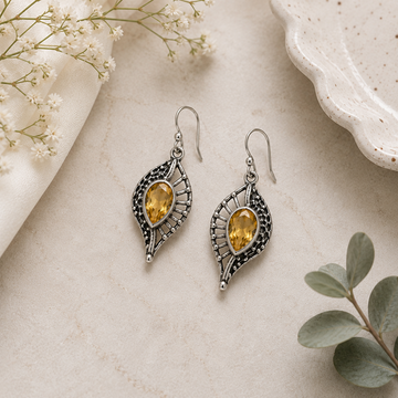 925 Silver Yellow Stone Leaf Drop Earrings for Women | Elegant Designer Dangle Earrings