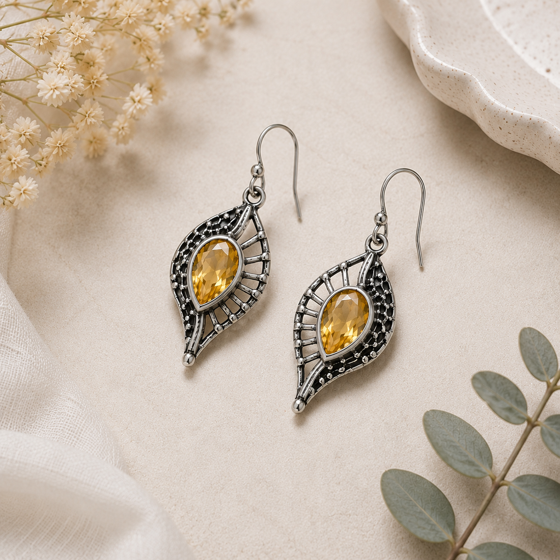 925 Silver Yellow Stone Leaf Drop Earrings for Women | Elegant Designer Dangle Earrings
