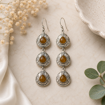 925 Silver Triple Drop Brown Stone Dangle Earrings for Women | Elegant Designer Earrings