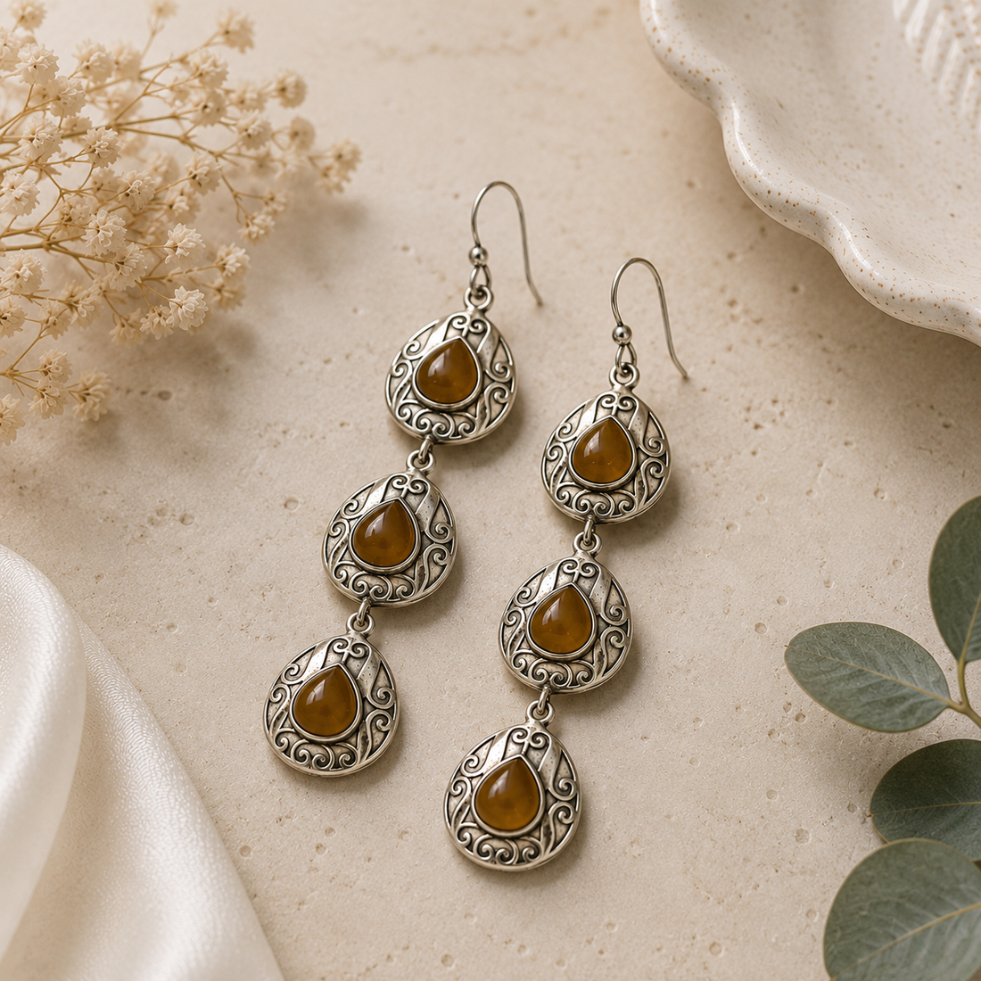 925 Silver Triple Drop Brown Stone Dangle Earrings for Women | Elegant Designer Earrings