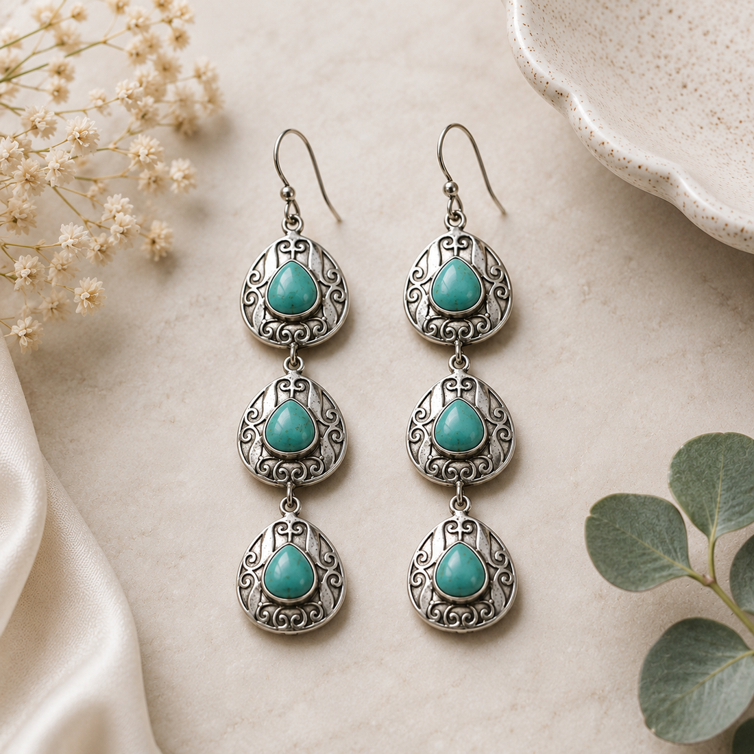 925 Silver Triple Drop Turquoise Stone Dangle Earrings for Women | Designer Statement Earrings