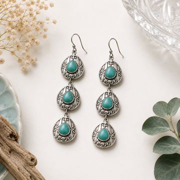 925 Silver Triple Drop Turquoise Stone Dangle Earrings for Women | Designer Statement Earrings