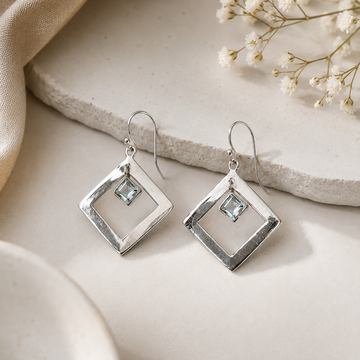 925 Sterling Silver Geometric Blue Crystal Drop Earrings for Women | Minimalist Square Dangle Earrings