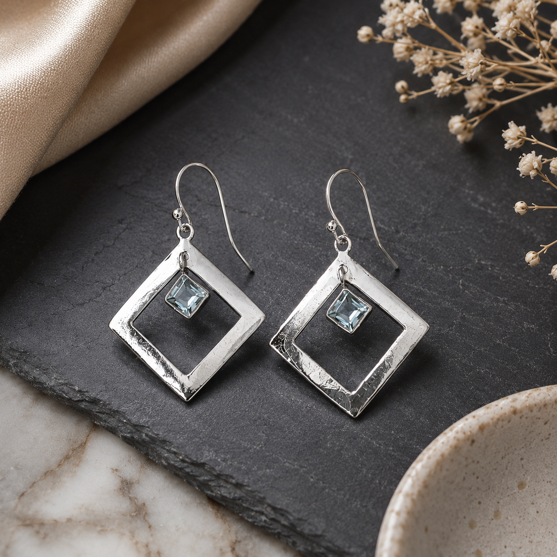 925 Sterling Silver Geometric Blue Crystal Drop Earrings for Women | Minimalist Square Dangle Earrings
