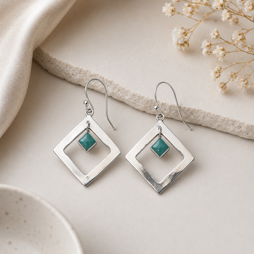 925 Sterling Silver Geometric Green Stone Drop Earrings for Women | Minimalist Square Dangle Earrings