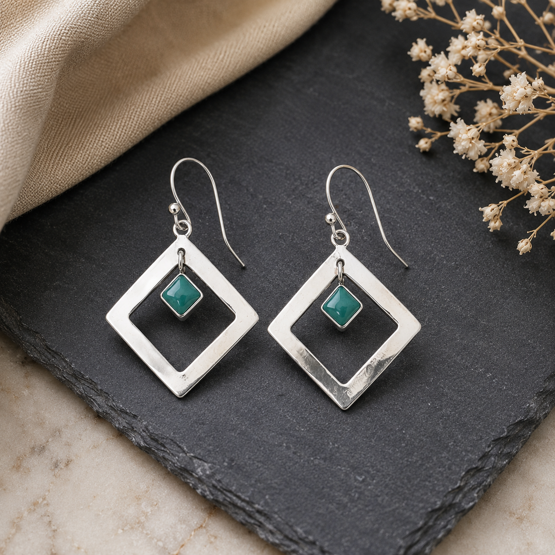 925 Sterling Silver Geometric Green Stone Drop Earrings for Women | Minimalist Square Dangle Earrings