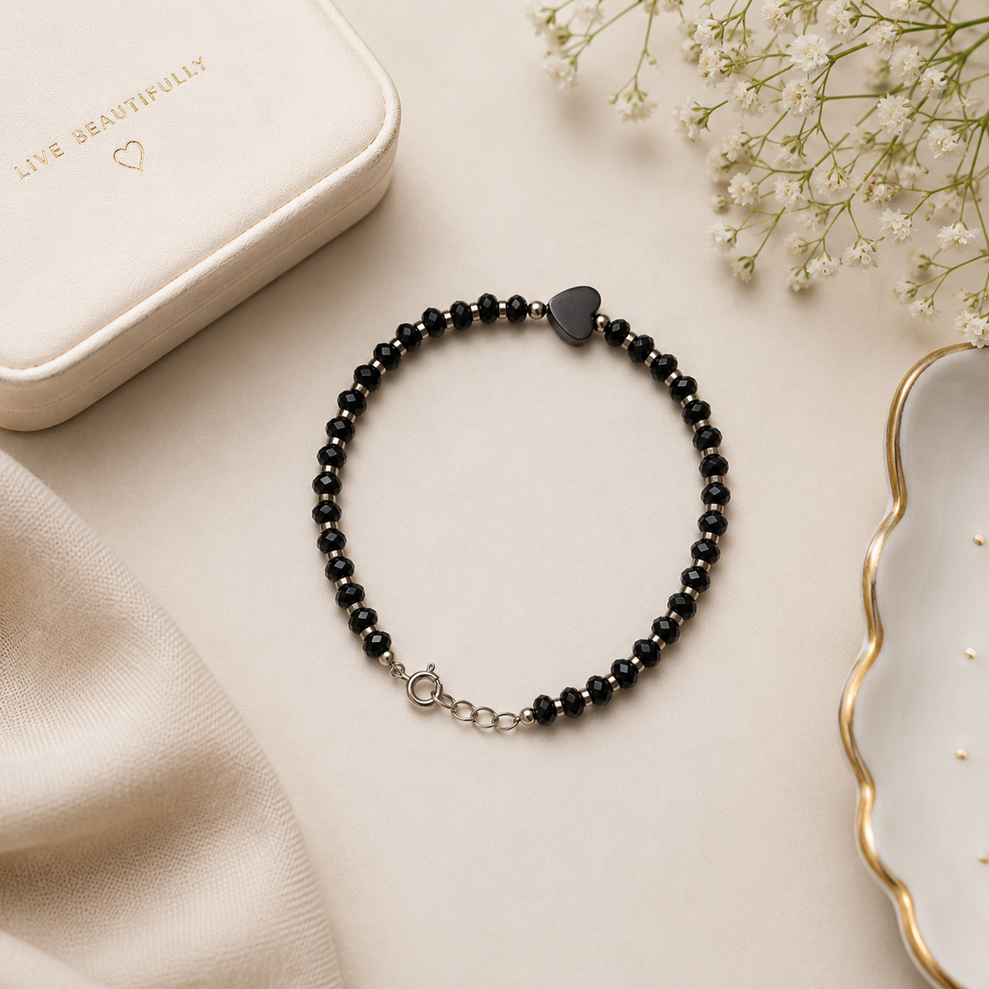 925 Sterling Silver Black Beaded Heart Charm Bracelet for Women | Minimalist Adjustable Bracelet