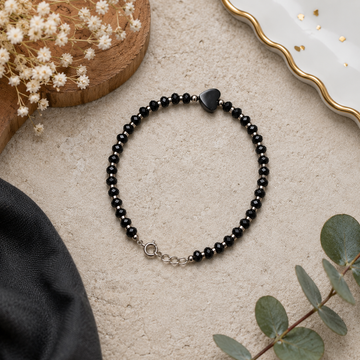 925 Sterling Silver Black Beaded Heart Charm Bracelet for Women | Minimalist Adjustable Bracelet