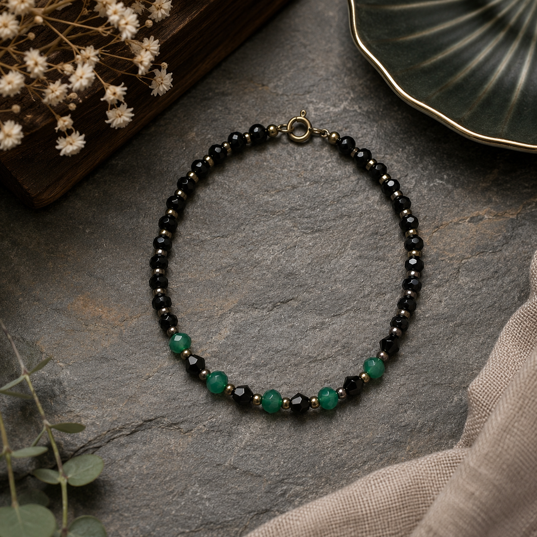 925 Sterling Silver Black & Green Beaded Bracelet for Women | Minimalist Adjustable Gemstone Bracelet