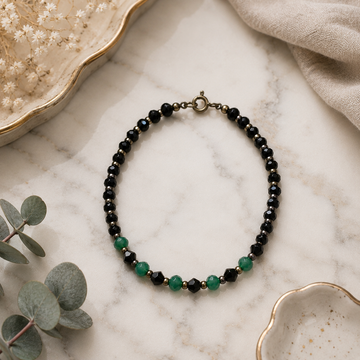 925 Sterling Silver Black & Green Beaded Bracelet for Women | Minimalist Adjustable Gemstone Bracelet