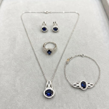 925 Sterling Silver Blue Sapphire-Inspired Jewelry Set | Pendant Necklace, Adjustable Ring, Earrings & Bracelet