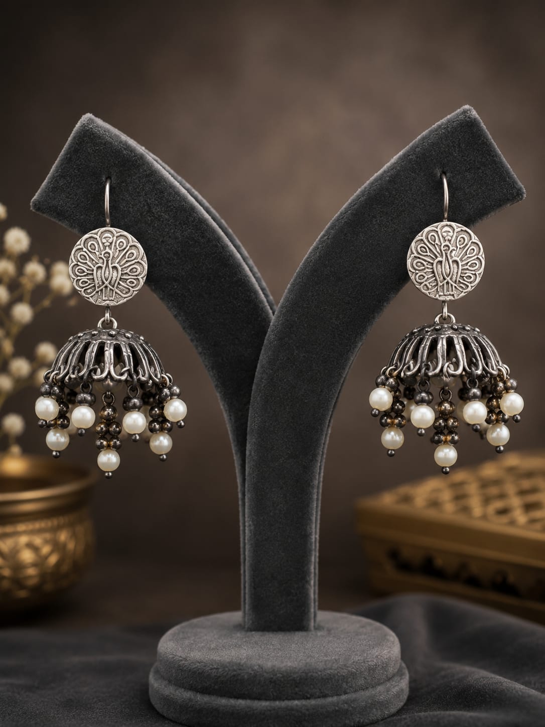 Silver Oxidized Pearl Jhumka Earrings for Women | Traditional Ethnic Drop Earrings
