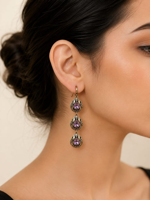 Elegant Purple Crystal Triple Drop Earrings for Women | Gold Plated Statement Dangle Earrings