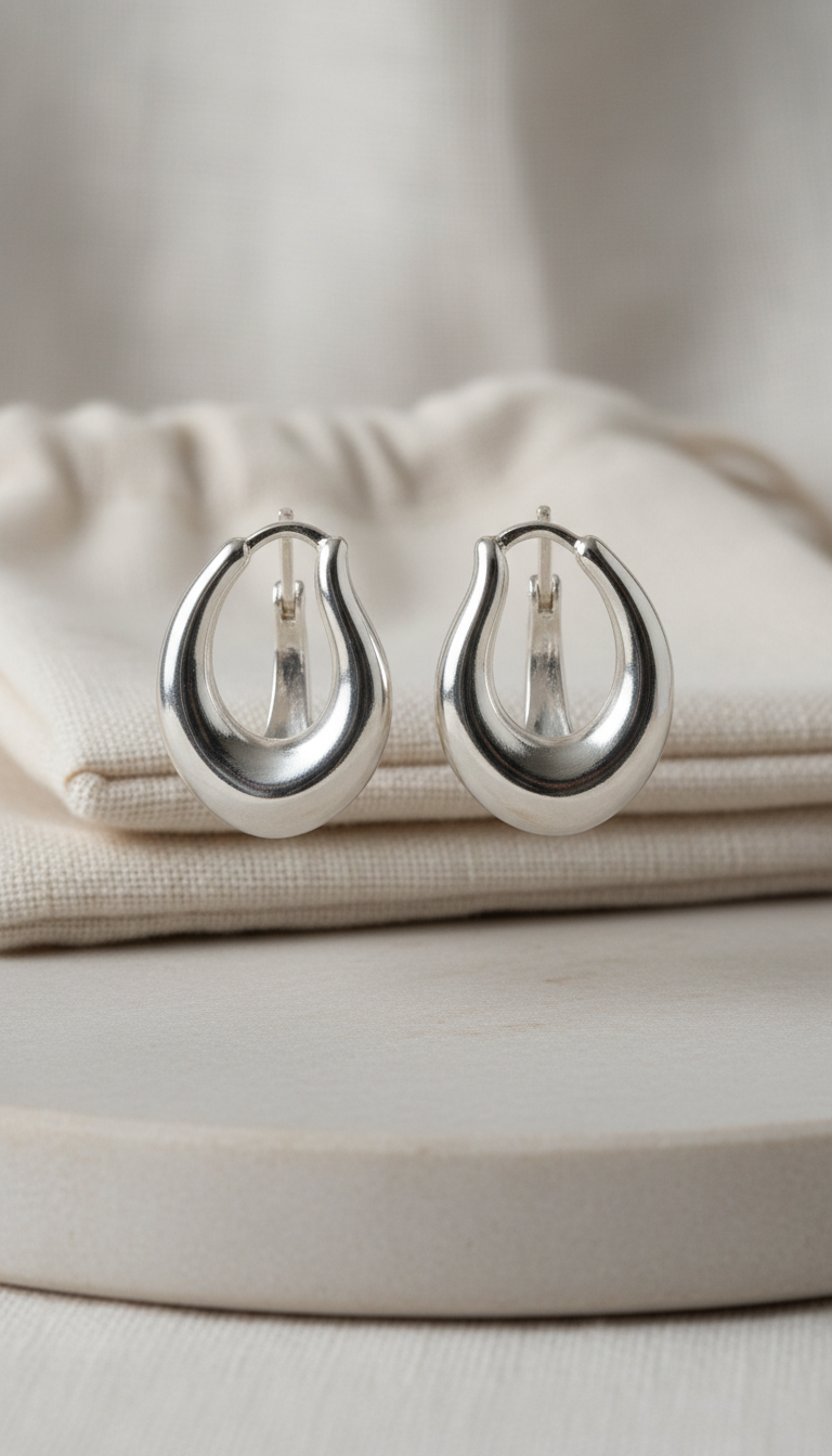 Sculptural open hoop silver earrings