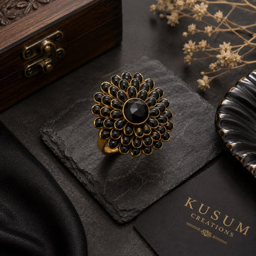 22K Gold Plated Black Stone Floral Ring for Women