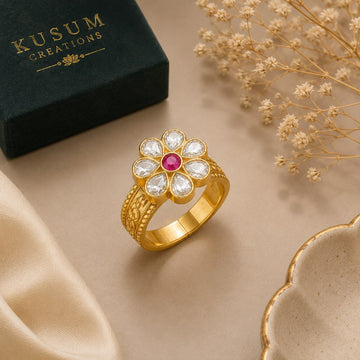 925 Sterling Silver 22KT Gold Plated Floral Statement Ring for Women | Adjustable Kundan-Inspired Designer Ring