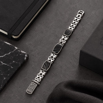 925 Sterling Silver Banded Black Agate Bracelet for Men | Vintage Designer Link Bracelet | Premium Silver Jewelry
