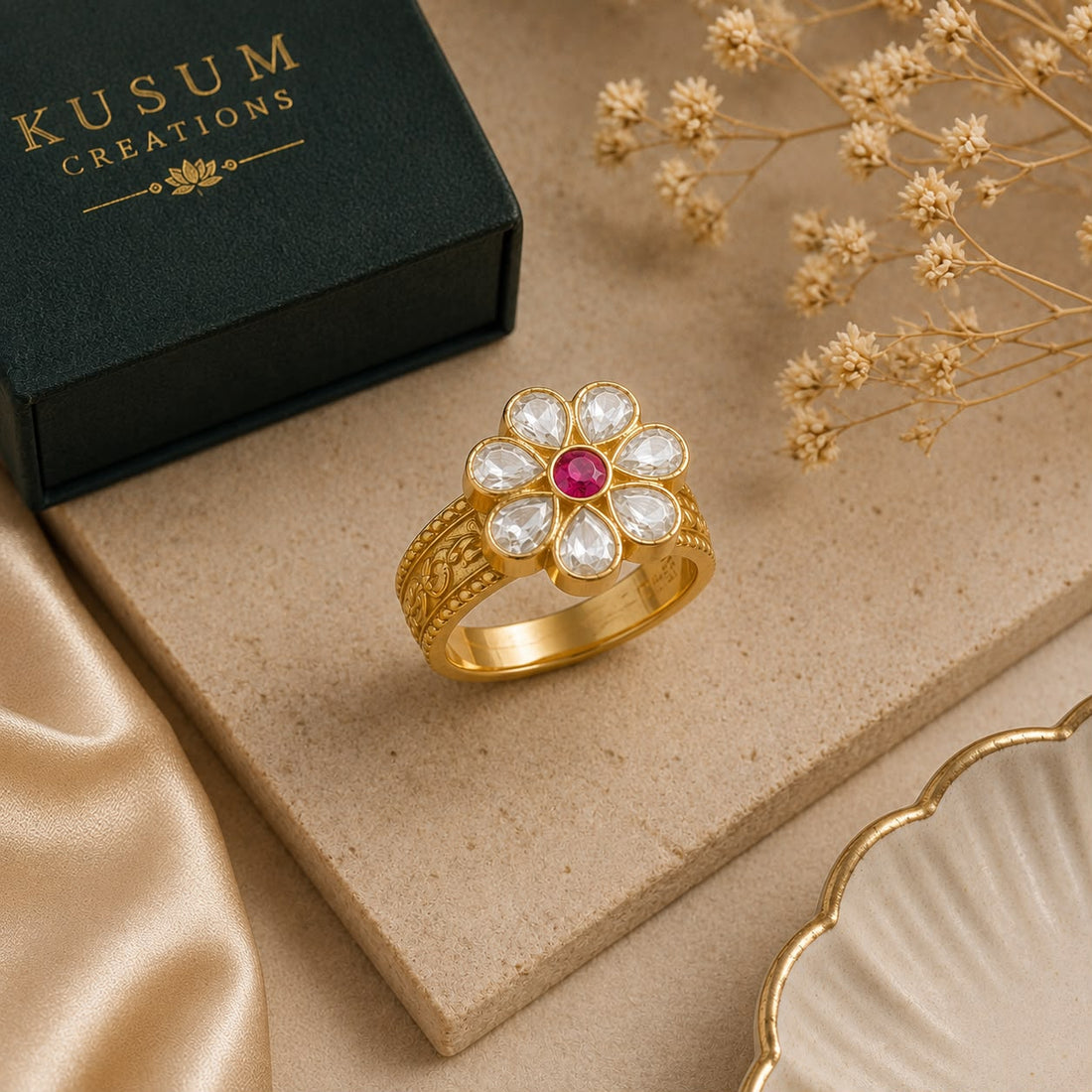 925 Sterling Silver 22KT Gold Plated Floral Statement Ring for Women | Adjustable Kundan-Inspired Designer Ring