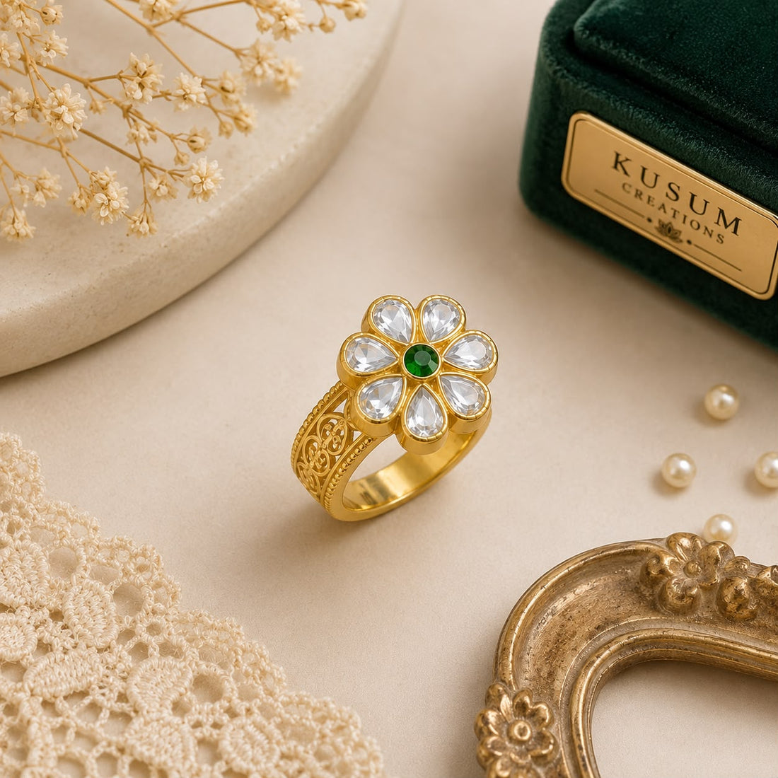 925 Silver 22KT Gold Plated Floral Kundan Ring for Women | Green Stone Statement Ring