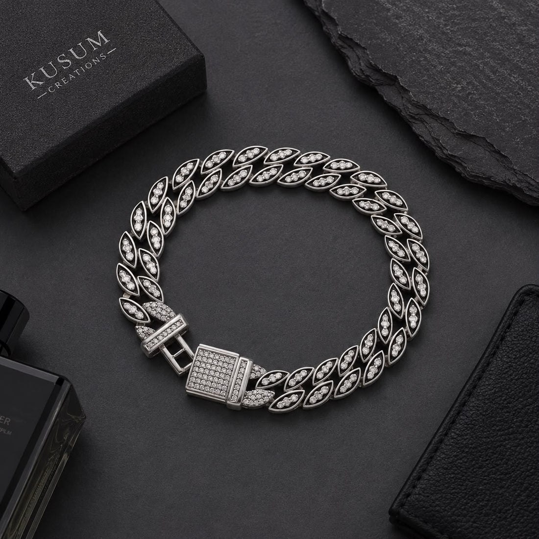 925 Sterling Silver Leaf Link Bracelet for Women | Cubic Zirconia Box Clasp | Premium Silver Bracelet