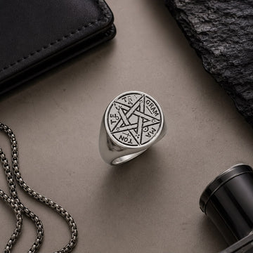 Vintage Gothic 925 Silver Pentagram Signet Ring for Men