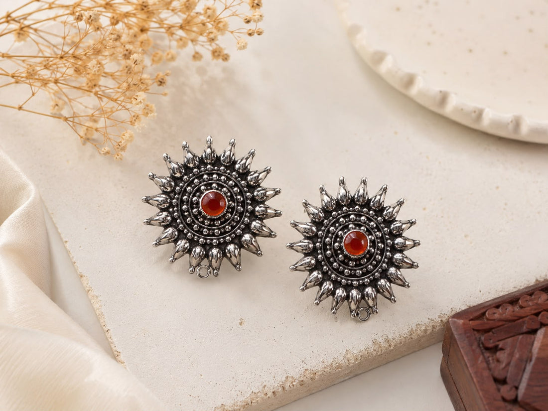 Sunburst Stud Earrings with Carnelian Stone | Ethnic Statement Earrings for Women