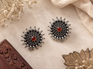 Sunburst Stud Earrings with Carnelian Stone | Ethnic Statement Earrings for Women