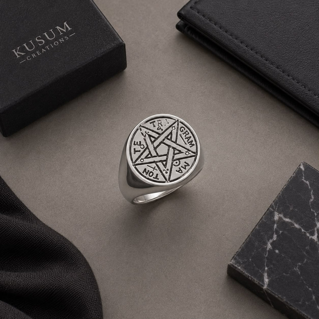 Vintage Gothic 925 Silver Pentagram Signet Ring for Men