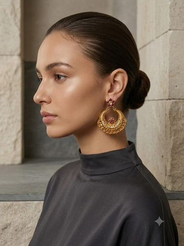 Royal Crescent Floral Gold-Plated 925 Silver Chandbali Earrings
