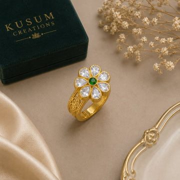 925 Silver 22KT Gold Plated Floral Kundan Ring for Women | Green Stone Statement Ring