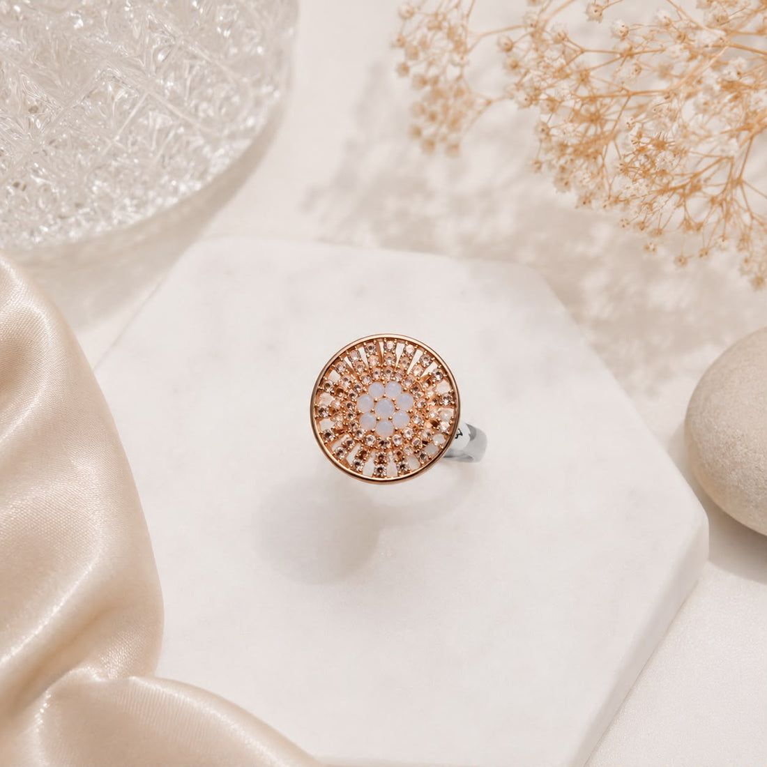 Rose Gold Plated Floral Disc Adjustable Ring