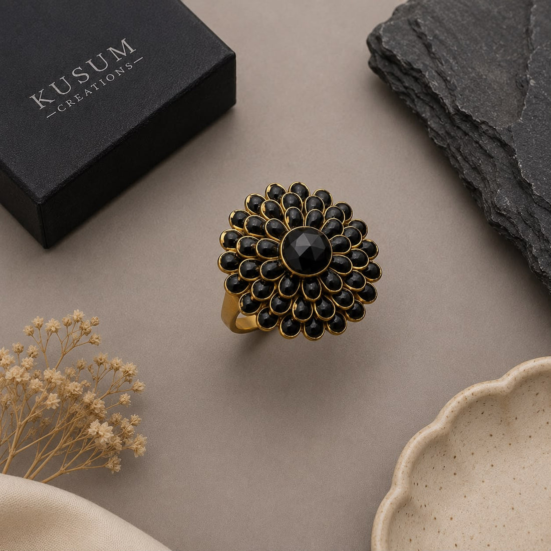 22K Gold Plated Black Stone Floral Ring for Women