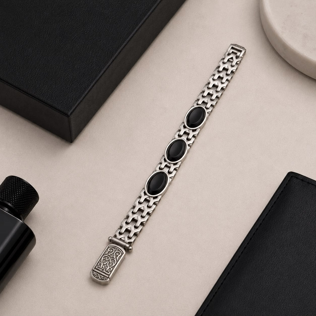 925 Sterling Silver Black Onyx Link Bracelet for Men | Vintage Designer Bracelet | Premium Silver Jewelry
